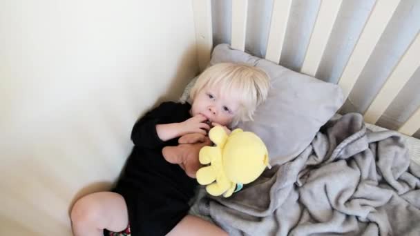 Милый Маленький Мальчик Лежит Кроватке Игрушками Засыпает Высококачественные Кадры — стоковое видео