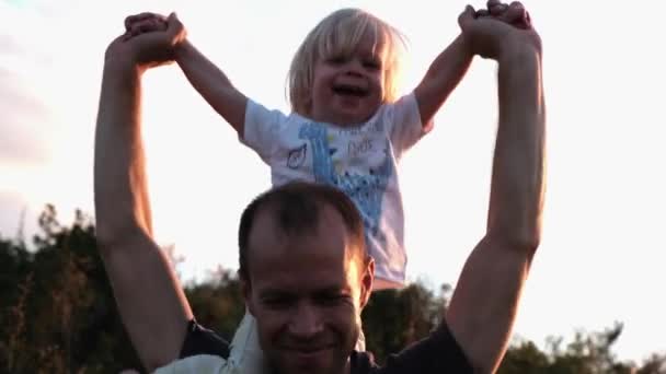 Portrait Cheerful Father Carrying His Son His Neck High Quality — Vídeo de Stock