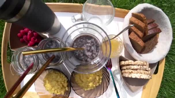 Amazing Appearance Healthy Breakfast Tray Lawn High Quality Footage — Video Stock
