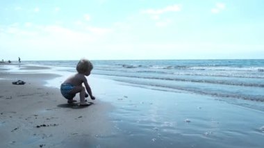 Little cute boy playing along the shore with waves. High quality 4k footage