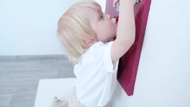 Cute Boy Playing Magnetic Board High Quality Footage — Stock Video