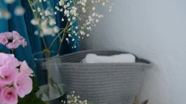 Detailní Záběr Růžového Pelargonia Stojícího Prádelníku Ložnici Vysoce Kvalitní Záběry — Stock video