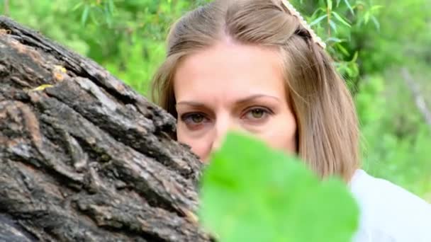 신비에 아름다운 여자가 나무줄기 뒤에서 살금살금 나옵니다 고품질 — 비디오