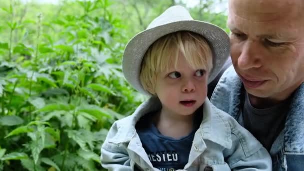 Potret Seorang Ayah Dengan Seorang Putra Kecil Alam Antara Rumput — Stok Video