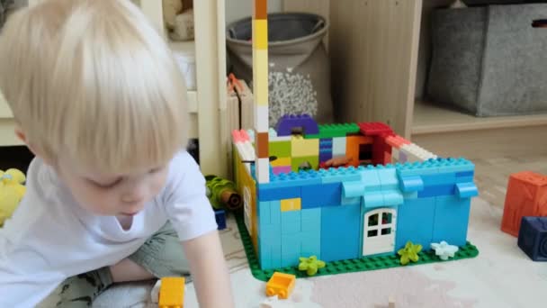 Mały Uroczy Chłopiec Buduje Dom Wieżą Konstruktora Dzieci Wysokiej Jakości — Wideo stockowe