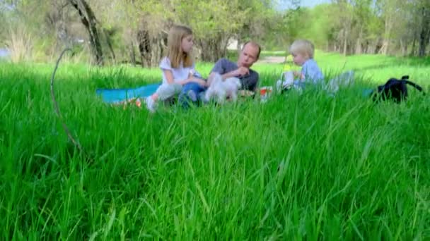 Padre Con Figlia Figlio Cagnolino Trovano Picnic Sul Prato Filmati — Video Stock