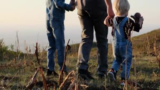 Χαρούμενη Οικογενειακή Βόλτα Ηλιοβασίλεμα Οικογένεια Στη Φύση Μπαμπάς Κρατάει Χέρια — Αρχείο Βίντεο