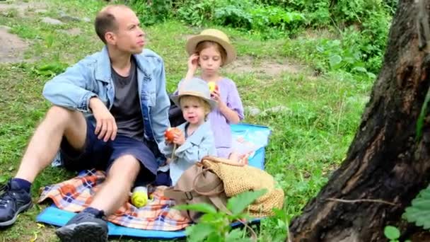 娘と小さな息子と一緒にお父さんは自然の中でピクニックに座っています 高品質4K映像 — ストック動画