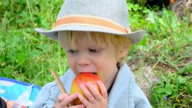 Şapkalı küçük bir çocuk büyük bir elma yiyor. Yüksek kalite 4k görüntü