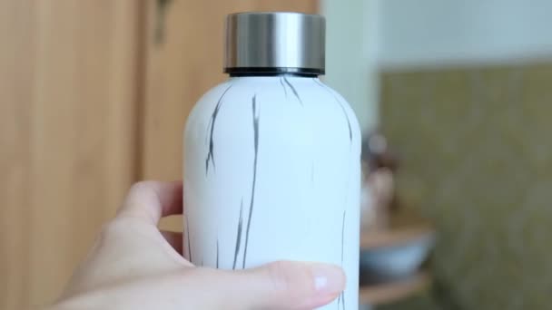 Womans Hand Holds Reusable Water Bottle Eco Friendly Zero Waste — Stock Video