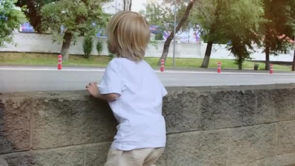 Mały Chłopiec Podnosi Ręce Tle Miasta Tak Wysokiej Jakości Materiał — Wideo stockowe