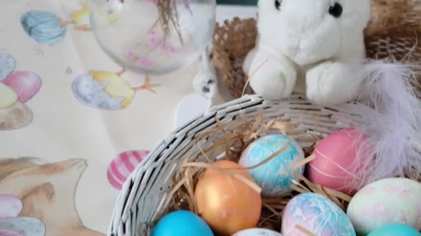 Easter Eggs Basket Toy Rabbit Easter Composition Holiday Concept High — Stock Video