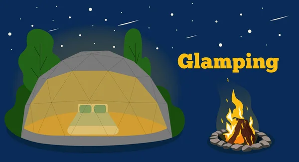 Glamping Cirkelform Text Ekoturism Sommar Vektor Illustration Bekväma Tält Glas — Stock vektor