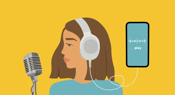 Άνθρωποι Ακούνε Ήχο Στα Ακουστικά Podcast App Στο Smartphone Podcaster — Διανυσματικό Αρχείο