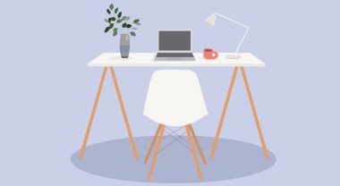 İş yeri, modern iç mekan, ofis. Bilgisayarlı bir ofis. Çizgi film stilinde renkli vektör çizimi. Boş iş yeri, masaüstü, bilgisayar çalışma alanı, ofis, insan yok. ev kavramı