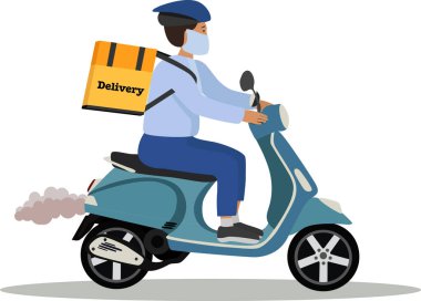  Kovid-19. Şehirde karantina var. Çevrimiçi dağıtım konsepti, online siparişlerin izlenmesi, ev ve ofis teslimatı. Depo, bisiklet kuryesi, solunum maskesi takmış bir kurye. vektör illus