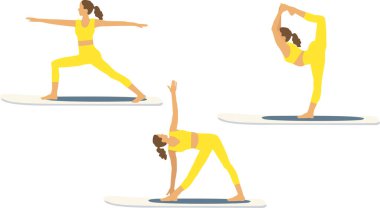   SUP Yoga. Kadınlar farklı asanalar yapıyor ve ayakta duran bir sörf tahtası üzerinde egzersiz yapıyorlar. Suyun üstünde yemek tahtası yogası yapan bir kadın. Stand Up Paddle Yoga Egzersizi. Kürek tahtasında yemek yogası yapıyor.