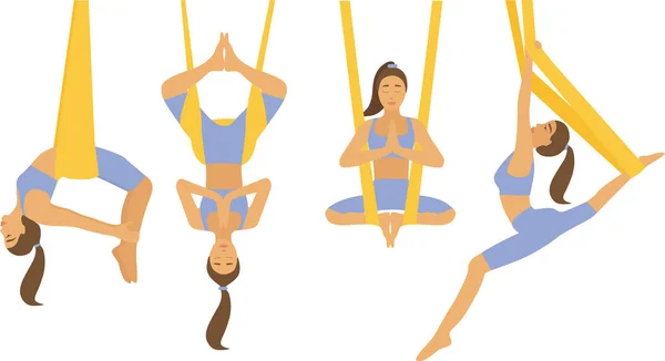 Doet Yoga Hangmatten Uitrekken Oefeningen Omgekeerde Yoga Poseren Een Hangmat — Stockvector