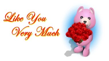 Valentine's day greeting card with a cute pink bear and bouquet of red roses - I like you very much - I Love You