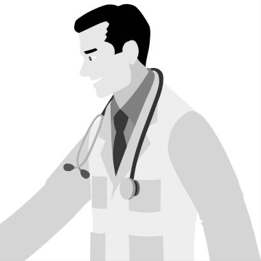 Steteskoplu bir doktor. Siyah beyaz vektör illüstrasyonu.