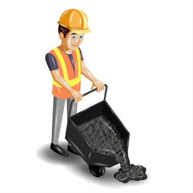 El arabası kum dolu bir inşaat işçisi. vektör illüstrasyonu