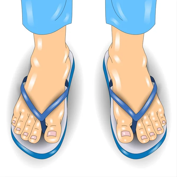 Male feet in blue sandals on a white background. Vector illustration