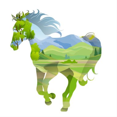 Dağları ve ağaçları olan bir at. Vektör illüstrasyonu.
