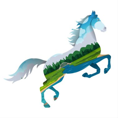 Tepede mavi yeleli beyaz bir atın vektör çizimi.