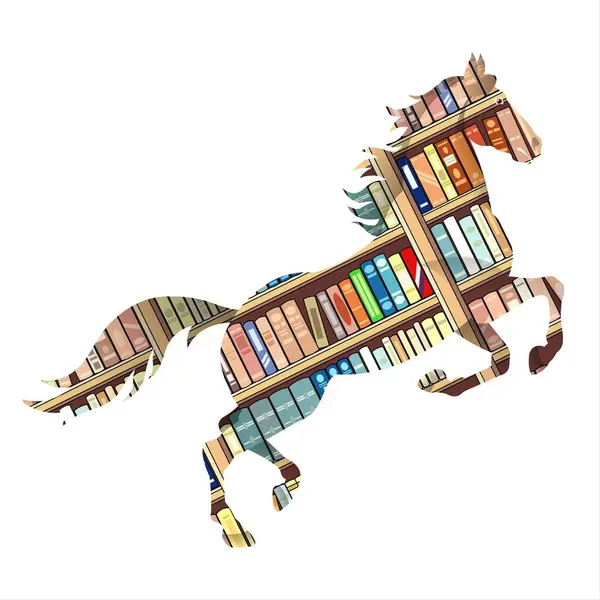 Beyaz arkaplanda kitap rafı olan bir atın tasviri