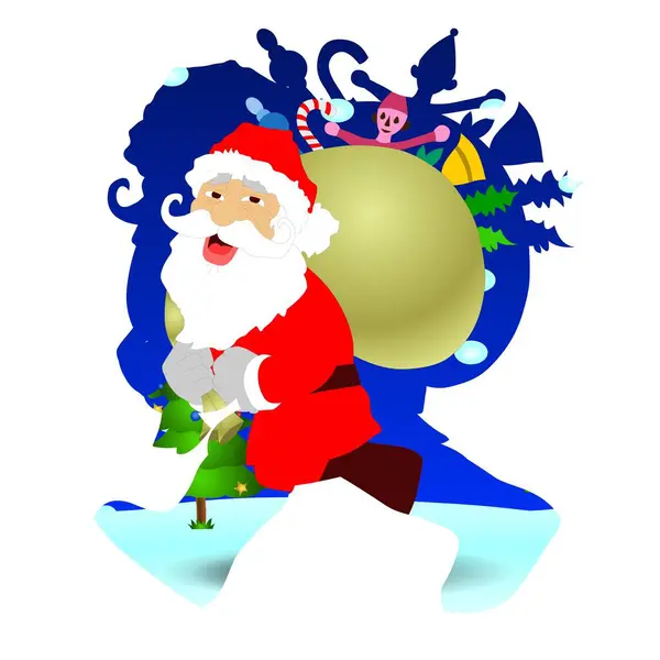 Noel Baba, sembolik kırmızı elbisesini giymiş, içi oyuncak ve tatil eşyalarıyla dolu büyük bir çuval taşıyor. Karlı bir manzara ve dekore edilmiş bir ağaç şenlikli atmosfere katar..
