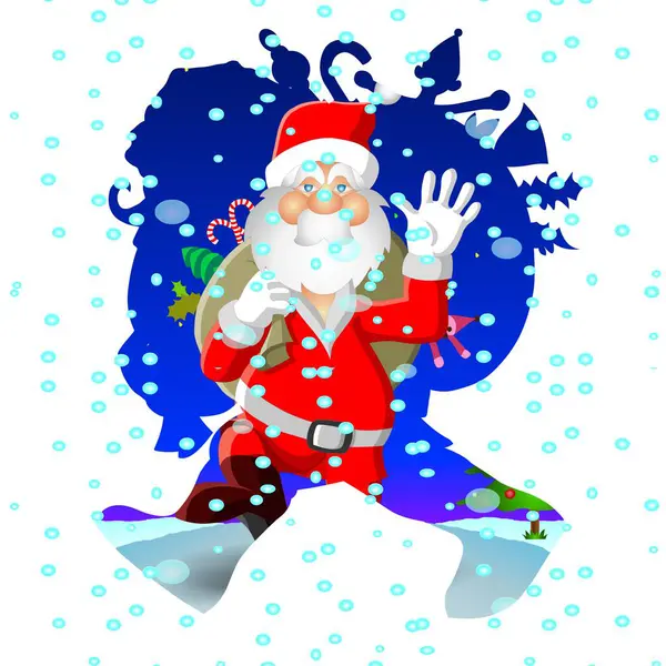 Klasik kırmızı takım elbiseli Noel Baba, etrafı kar taneleriyle çevriliyken neşeyle el sallıyor. Noel ağaçlarının ve baston şekerlerin arka planı festival sahnesine ekleniyor.