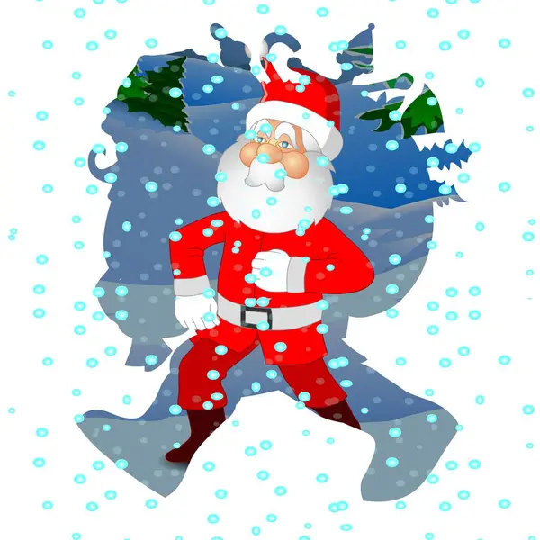 Noel Baba, karlı bir gecede bir çuval dolusu hediyeyle neşeyle el sallıyor. Etrafını kar taneleri sarmış, şenlikli ve kış manzarası yaratıyor..