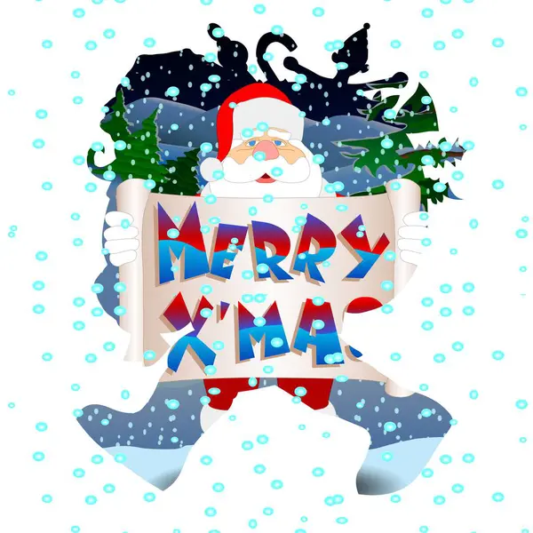 Noel Baba 'nın elinde mutlu bir Noel tabelası var. Etrafı karlı manzaralı ve yeşil ağaçlarla çevrili. Görüntü şenlikli, kar taneleri hafifçe düşüyor, bayram ruhunu artırıyor..