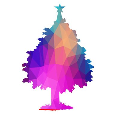 Canlı bir Noel ağacı, pembe, mavi ve turuncu renkleriyle geometrik, çok renkli bir şekilde resmedilir. Üstteki yıldız soyut tasarıma şenlikli bir dokunuş ekler.