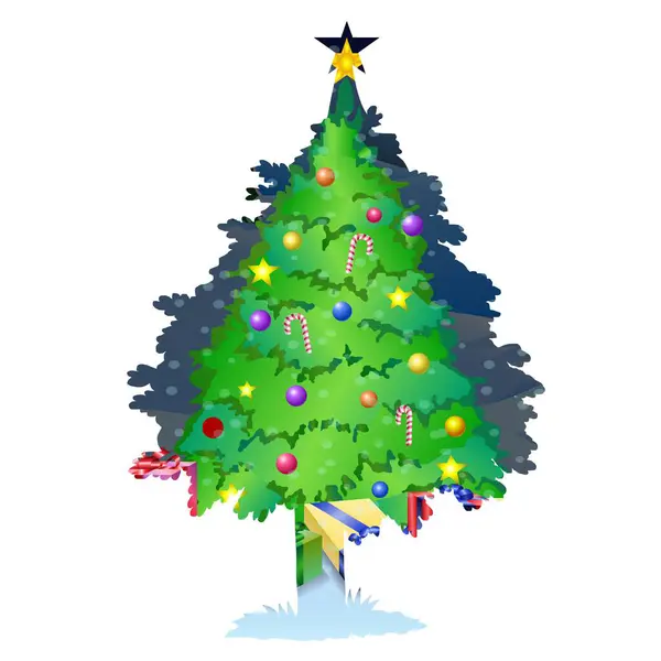 Renkli süslemelerle süslenmiş canlı bir Noel ağacı, şeker kamışları, ve üzerinde belirgin bir yıldız duruyor. Paketlenmiş hediyeler altında yatar, neşeli atmosfere eklenir..