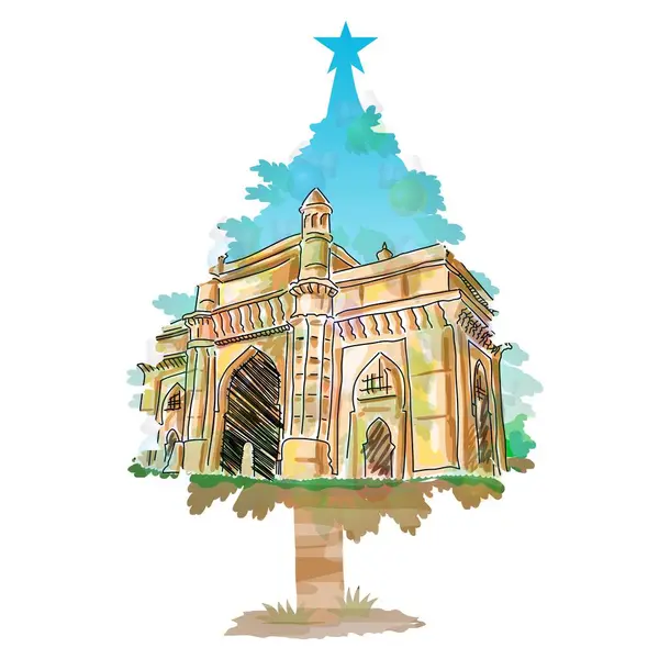 Tarihi kemer yolu, üzerinde bir yıldız bulunan bir Noel ağacı şekline yaratıcı bir şekilde entegre edilmiştir. Canlı mavi gökyüzü ve organik elementler şenlikli ve kültürel bir bükülme ekler..