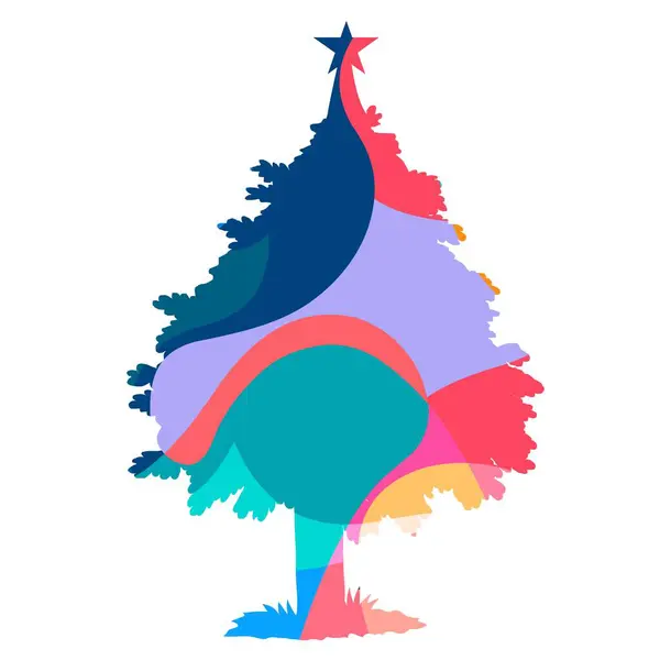Şekillendirilmiş bir Noel ağacı, tepesinde bir yıldız bulunan çeşitli canlı ve üst üste binen renklerden oluşur. Renklerin cesur kullanımı ona modern ve soyut bir his veriyor..
