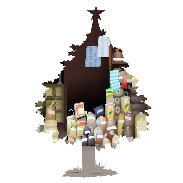 Bir Noel ağacı silueti alışveriş torbaları ve paketlenmiş hediyelerle doludur. Paketler, ağacın şeklini taklit edecek şekilde dizilmiştir. Üzerinde de bir yıldız vardır..