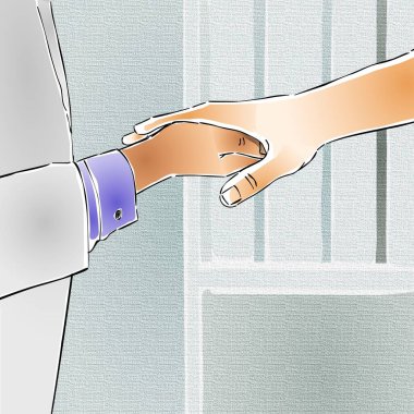 Two hands reach out towards each other, one belonging to a person in a white coat, suggesting a caring or supportive gesture. The background is softly textured in shades of blue and gray. clipart