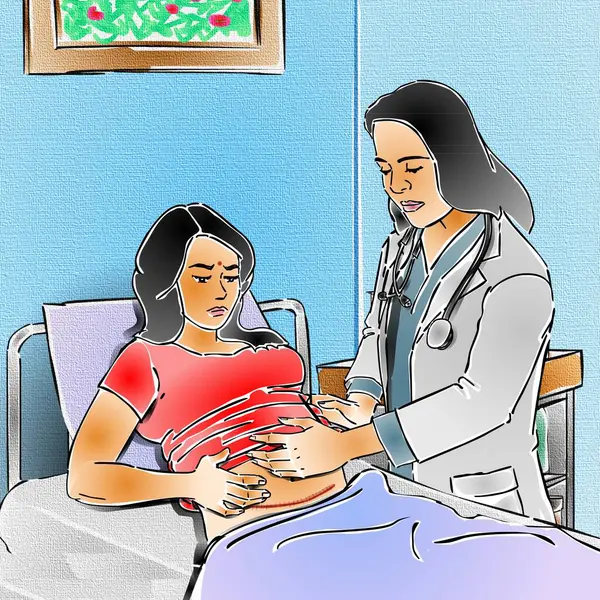 Boynunda steteskop olan bir doktor, yüzüne bakan bir kadınla dikkatle konuşuyor gibi görünüyor. Kadın küpe ve kırmızı bluz takıyor. Bu da hasta-doktor etkileşimi olduğunu gösteriyor..