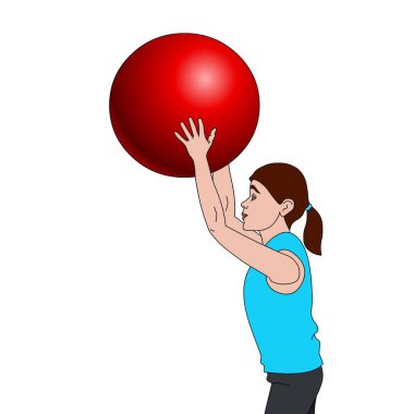 At kuyruklu genç bir kadın kollarını kaldırıyor ve ileriye bakıyor, muhtemelen bir hareket ya da faaliyete hazırlanıyor. Mor bir bluz ve sarı pantolon giyiyor, düz beyaz bir arkaplan üzerinde duruyor..