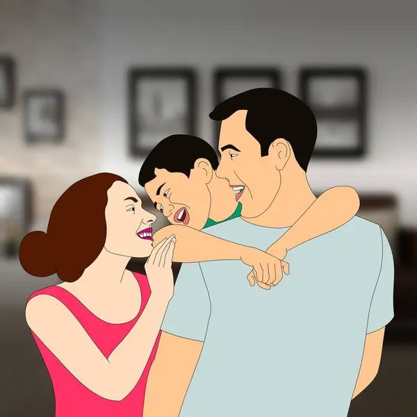 Bir aile, ebeveynler tarafından şakacı bir şekilde kucaklanan bir çocukla neşe içinde etkileşim içindedir. İçerideler. Arka planda bulanıklık var. Bu da sıcak bir ev ortamını işaret ediyor..