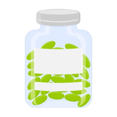 Yeşil haplı cam şişe. Vektör illüstrasyonu