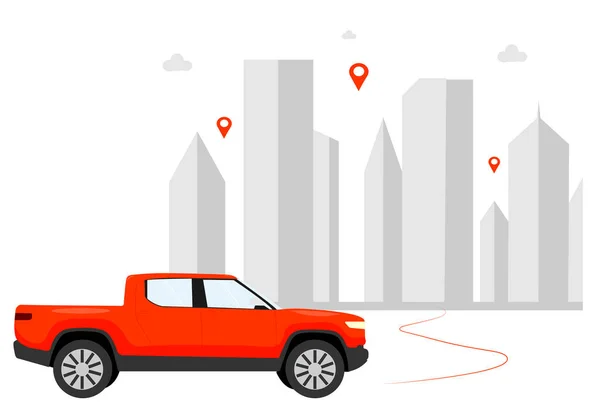 都市を背景にした車のイラストです 赤いオフロードカー — ストックベクタ