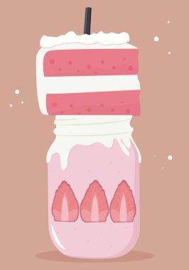 Kavanozda tatlı ve kekin vektör çizimi. Çilekli pasta. Kavanozda çilekli tatlı. Pembe tatlı. Pembe tatlı kokteyl