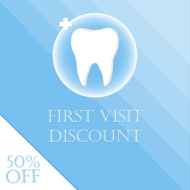 Dişçi hizmetlerinde indirim var. Dişçi mesleği internet afişi ya da diş ikonlu iniş sayfası. Beyaz sağlıklı diş. Diş pankartı ya da arka plan. Vektör illüstrasyonu