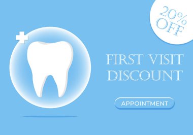 Dişçi hizmetlerinde indirim var. Dişçi mesleği internet afişi ya da diş ikonlu iniş sayfası. Beyaz sağlıklı diş. Diş pankartı ya da arka plan. Vektör illüstrasyonu