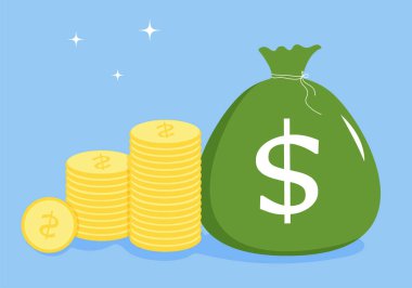 Dolarlı para çantası. Altın sikkeler. Dolar sikkeleri, para, vektör illüstrasyonu, finans. Para biriktiriliyor