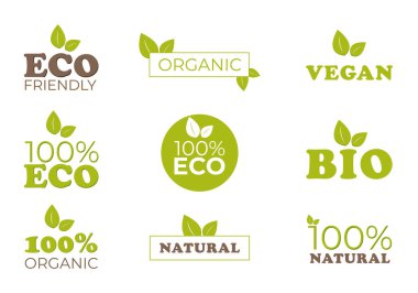 Çevre dostu etiket. Çevre dostu işareti. Ekoloji konsepti. Biyoloji, vejetaryen, eko ve diğer ikonlar. Vektör çizimi. Eko simgelerinin kümesi