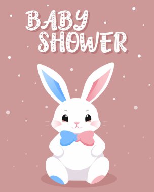 Bebek partisi ya da cinsiyet partisi kartı. davetiye cinsiyet partisi. Sevimli tavşan ve balonlar. Vektör çizimi. Banner, bebek partisi için arka plan